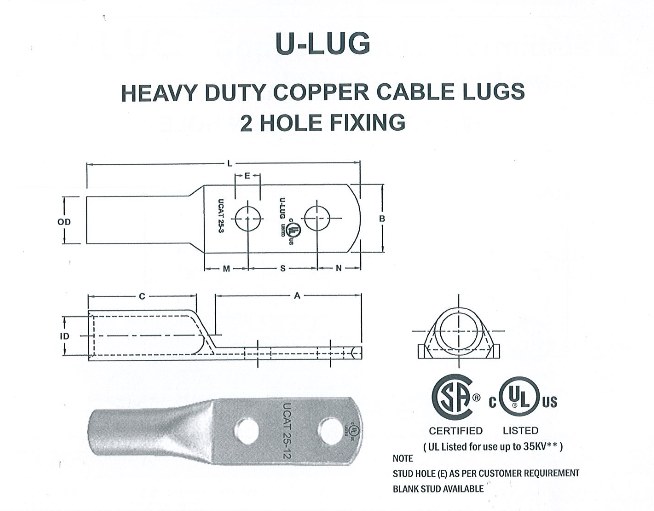 U-type cable lug for heavy power cable termination
