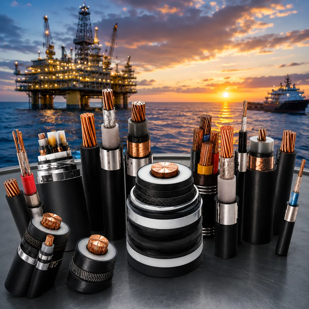 Marine and offshore power, control and instrumentation cables with an offshore platform at sunset