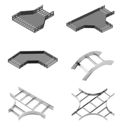 Labelled diagram of cable tray fittings and connectors — straight sections, elbows, tees, crosses, splice connectors, covers and accessories