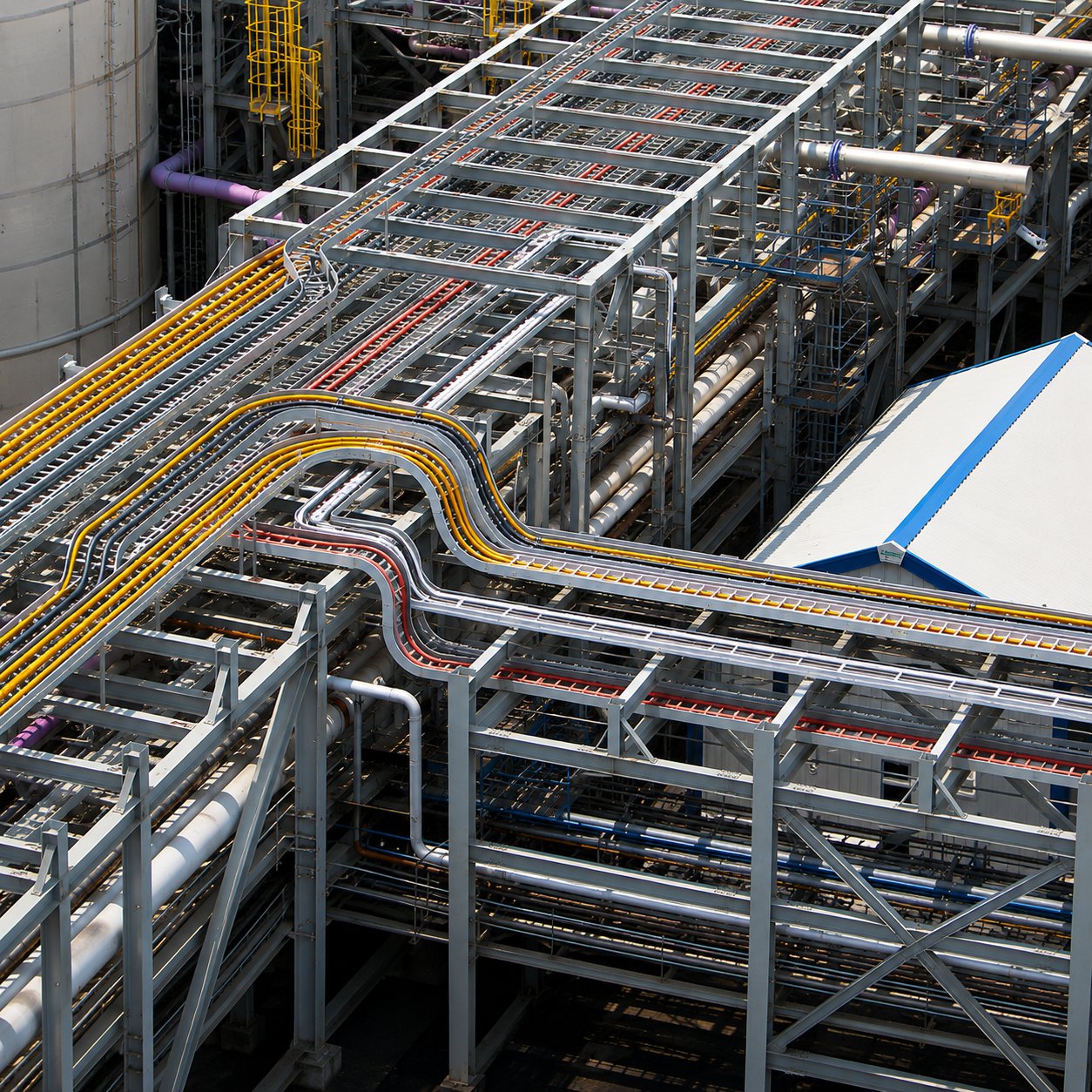 Cable tray installation carrying multiple cable runs on a plant rack